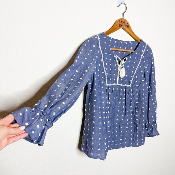 Boho Chambray Embroidered Peasant Blouse Tassel Tie Long Sleeve Medium - Picture 3 of 6